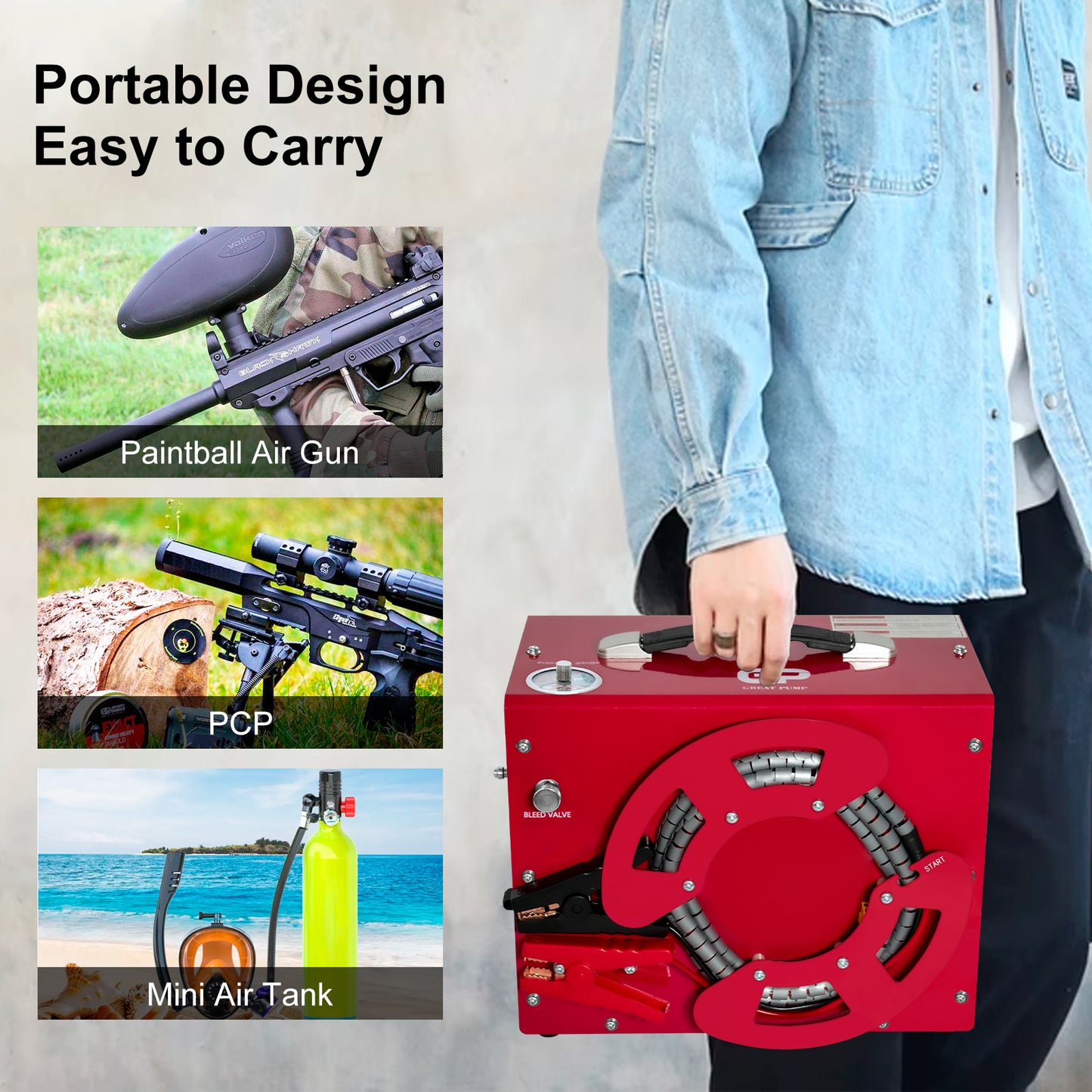 GreatPump TXES062 Portable Pcp Air Compressor,4500Psi/30Mpa High Pressure Air Compressor Paintball Scuba Tank HPA Pump Auto-Stop,Unique Vertical+Wire Spool Design