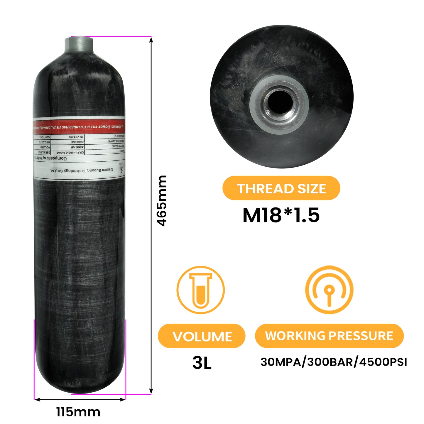TUXING 4500Psi High Pressure Composite Cylinder, Scuba Tank, 3L Carbon Fiber Air Tank, CE Approved, Pcp Paintball Air Diving Tank (Empty Bottle) M18*1.5