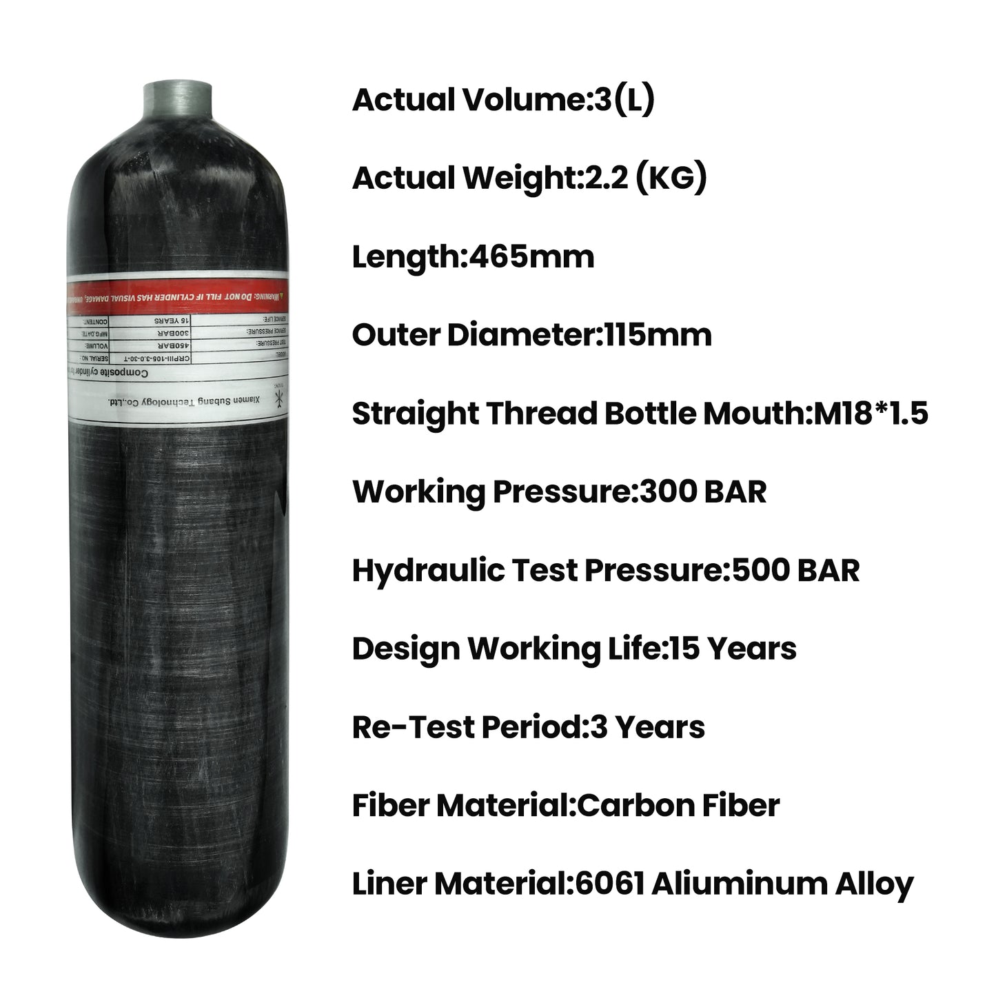 TUXING 4500Psi High Pressure Composite Cylinder, Scuba Tank, 3L Carbon Fiber Air Tank, CE Approved, Pcp Paintball Air Diving Tank (Empty Bottle) M18*1.5