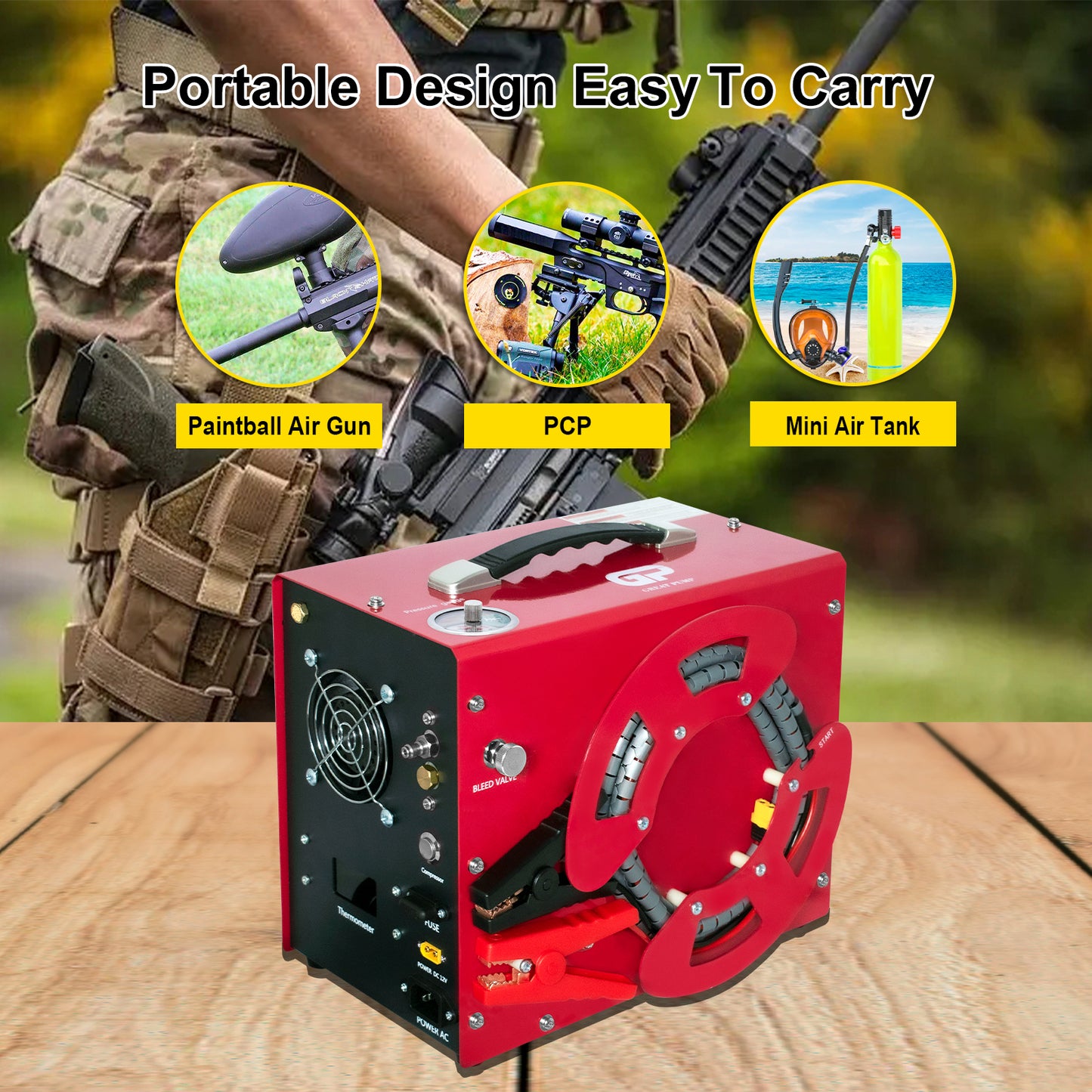 GreatPump TXES062 Portable Pcp Air Compressor,4500Psi/30Mpa High Pressure Air Compressor Paintball Scuba Tank HPA Pump Auto-Stop,Unique Vertical+Wire Spool Design