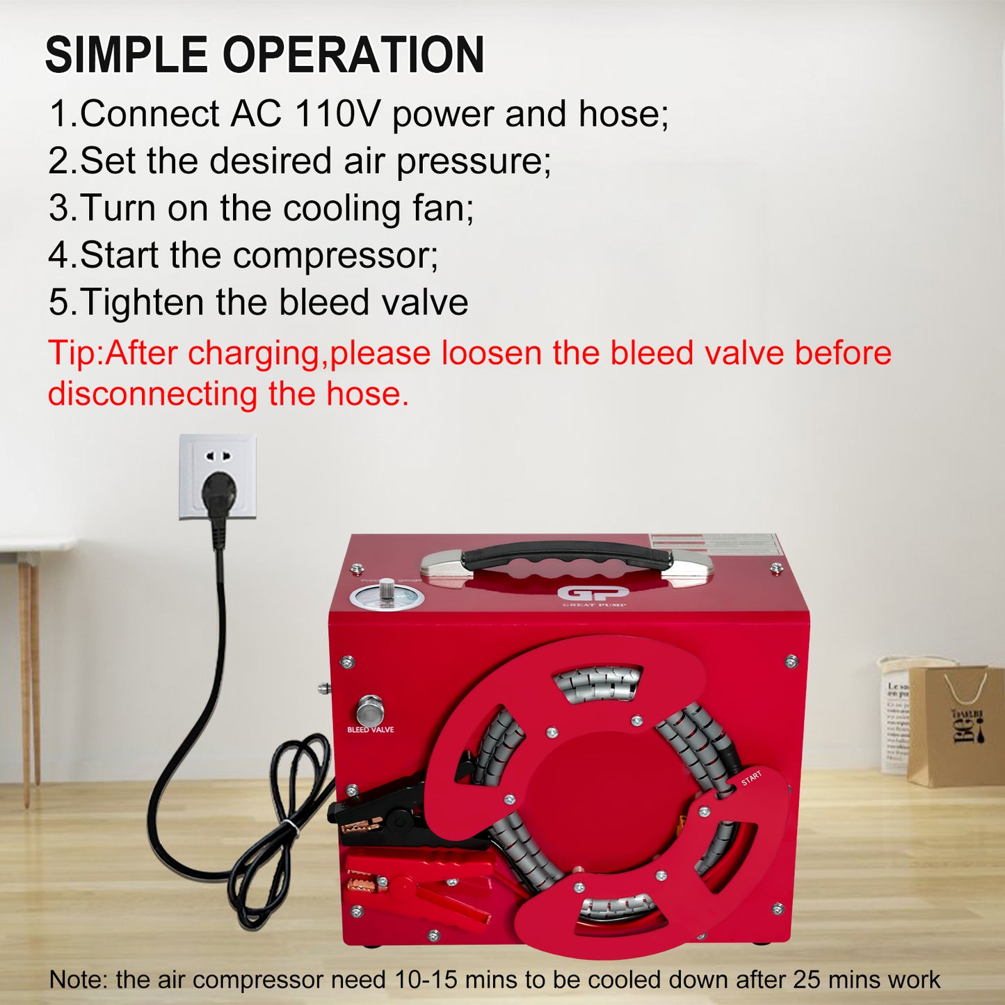 GreatPump TXES062 Portable Pcp Air Compressor,4500Psi/30Mpa High Pressure Air Compressor Paintball Scuba Tank HPA Pump Auto-Stop,Unique Vertical+Wire Spool Design